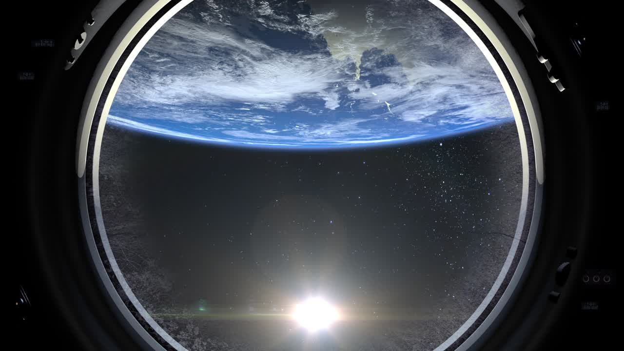 우주선의 큰 구을 통해 지구를 볼 수 있습니다.국제 우주 정거장은 지구를 도하고 있습니다.현실적인 대기. 3d 부피 구름. 우주. iss. 4k. 지구는 뒤로 회전합니다.