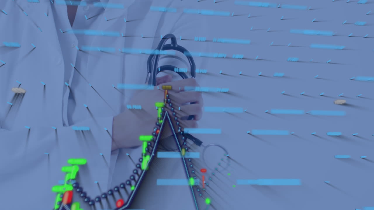 animación del procesamiento de datos sobre un médico caucásico sosteniendo un estetoscopio