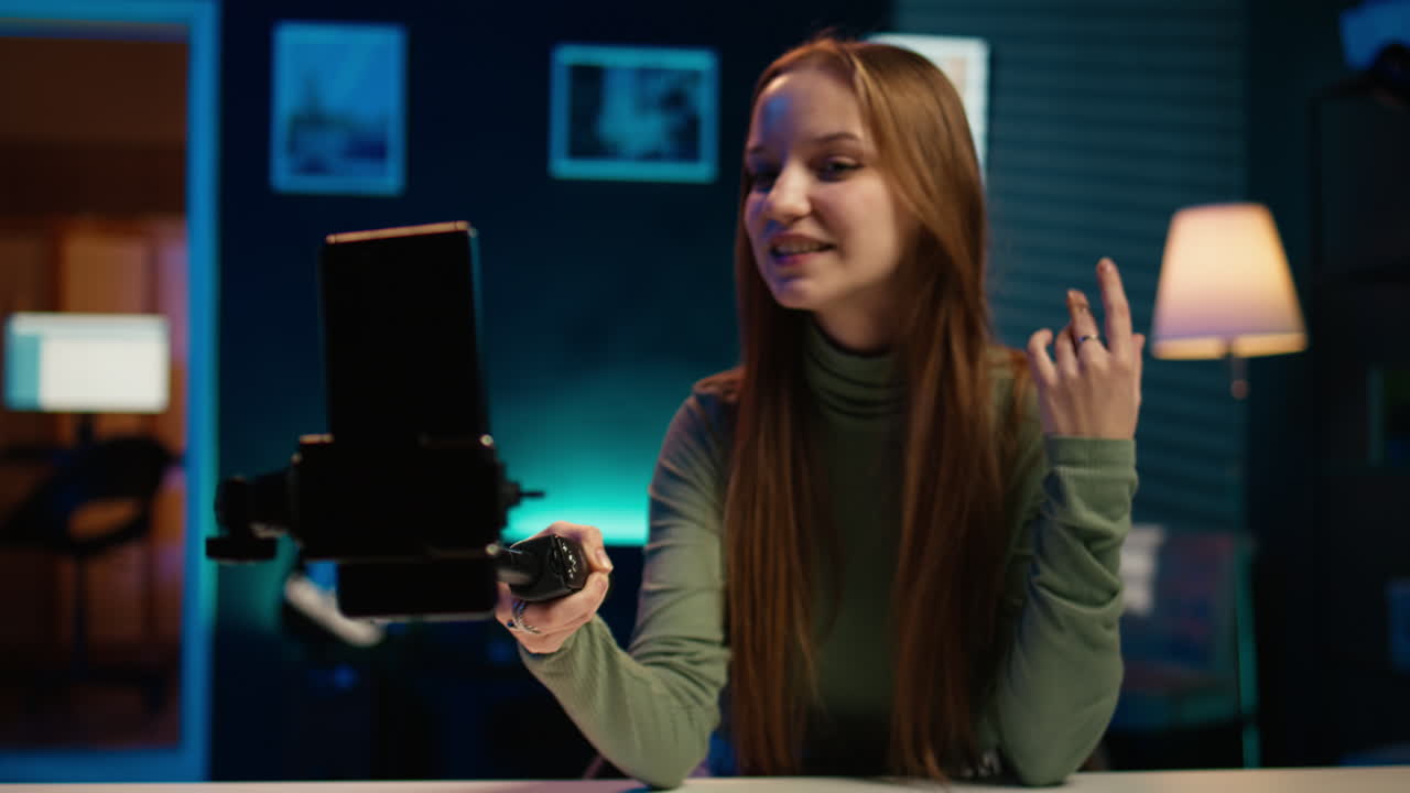 La star dei media in home studio usa il cellulare per filmarsi