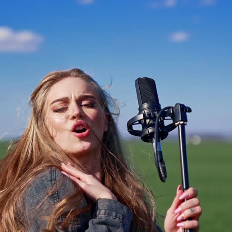 girl singing in green field. beautiful woman singing with microphone in green field