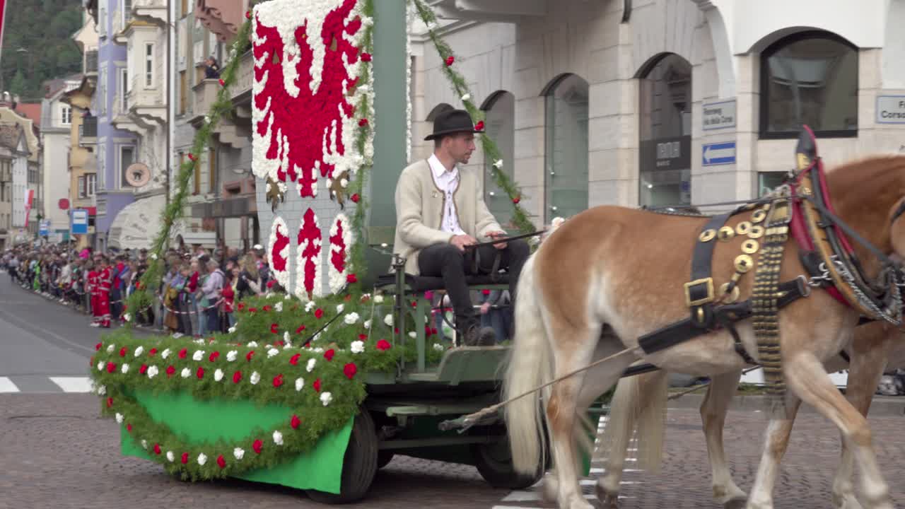 Horse-drawn carriage with the city coat of arms made of flowers at the Grape Festival of Meran - Merano, South Tyrol, Italy