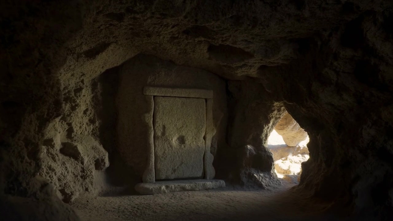 Vista interna a livello degli occhi di una camera di grotta in pietra scolpita con una nicchia incassata in una parete ruvida e porosa, stretta apertura illuminata dal sole a destra, ombra profonda, toni della terra e superfici naturali texturizzate.