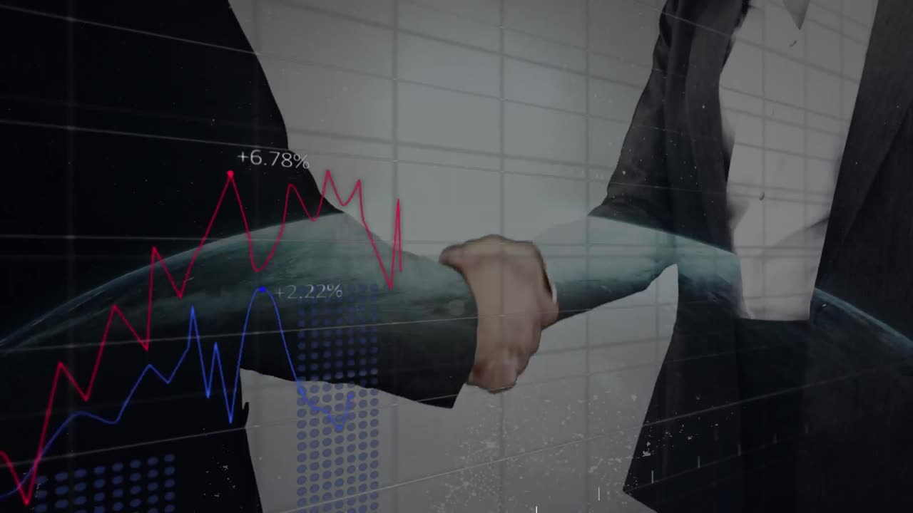 procesamiento de datos estadísticos sobre la sección media de hombre de negocios y mujer de negocios estrechando la mano en el globo