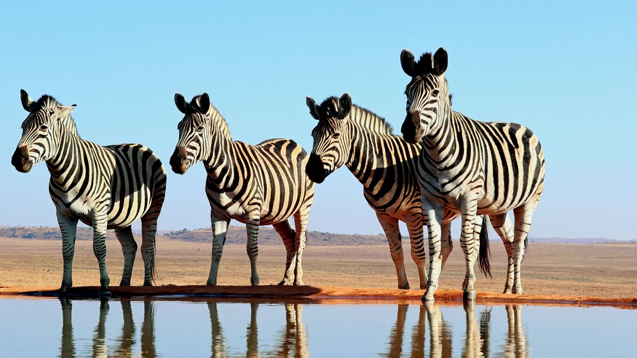 Quattro zebre all'erta si trovano al bordo di una pozza d'acqua in una riserva naturale, prospettiva dal basso.