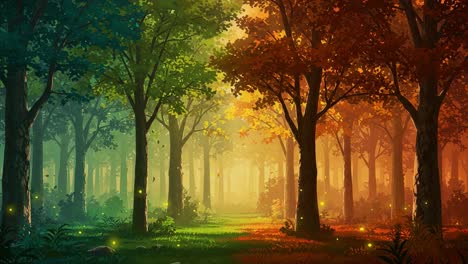 a magical autumn forest with vibrant colors transitioning from green to orange, showcasing sunlight filtering through lush trees and enchanting glow in the air