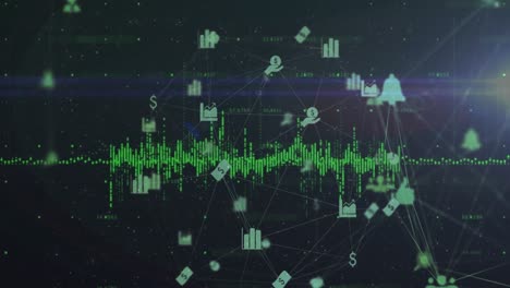 Animation-Von-Diagrammen-über-Verbundenen-Symbolen,-Die-Einen-Globus-Vor-Abstraktem-Hintergrund-Bilden