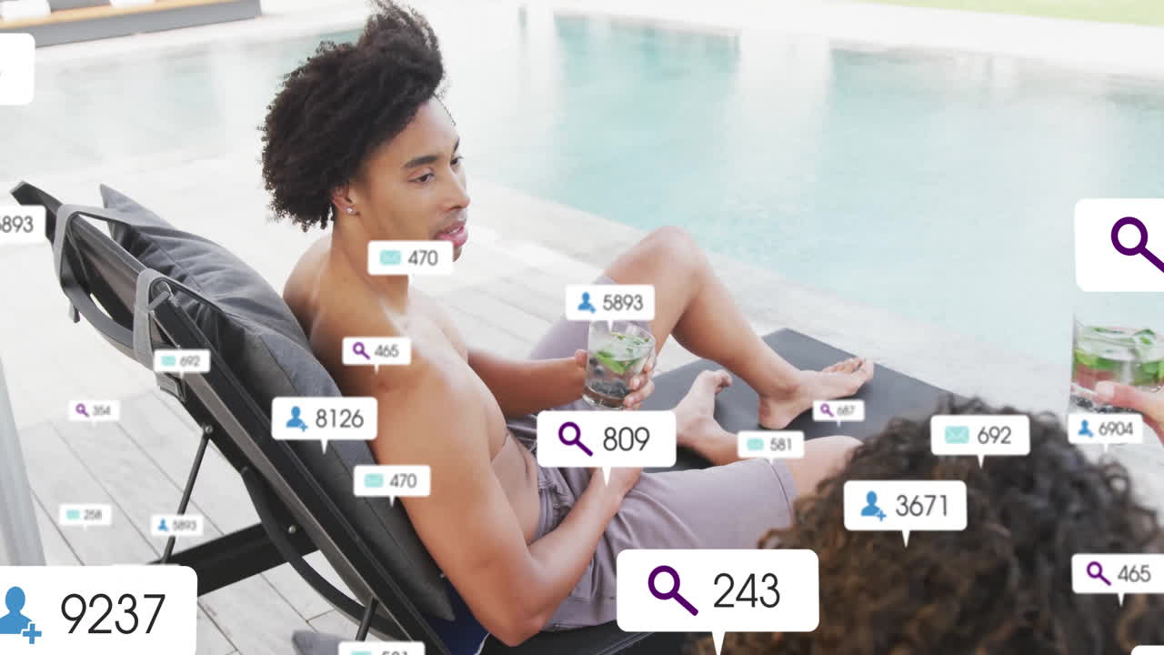 Social media engagement animation over man relaxing by pool with drink