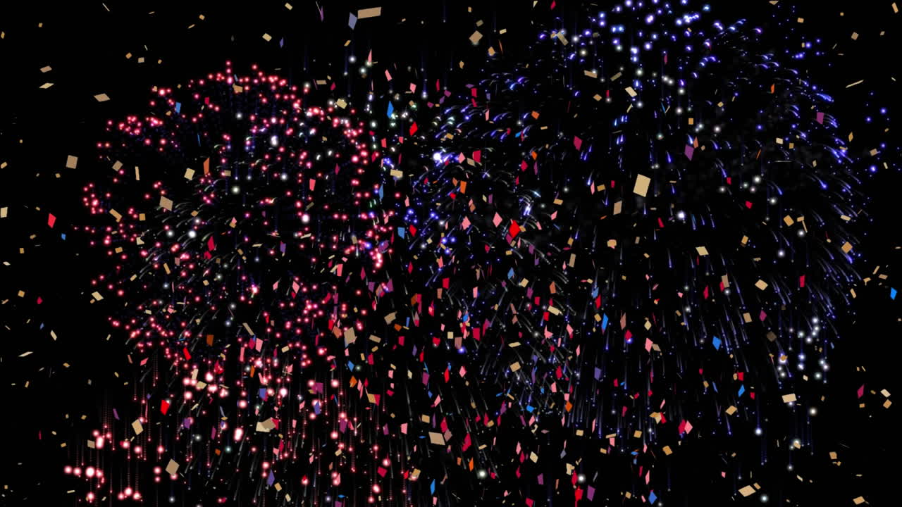 검은 바탕에 떨어지는 다채로운 불꽃놀이와 콘페티의 애니메이션
