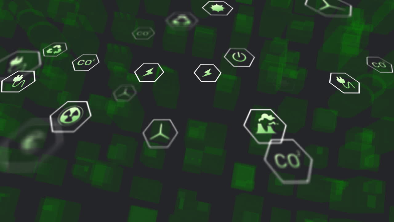 검은 바탕에 초록색 모양 위에 생태학 아이콘의 애니메이션