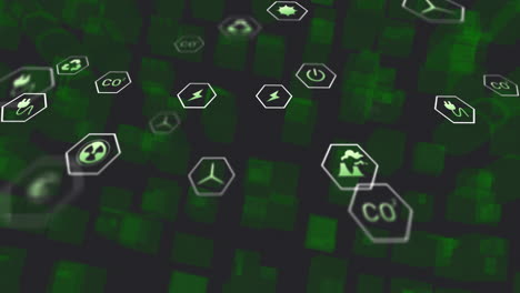 animation of ecology icons over green shapes on black background