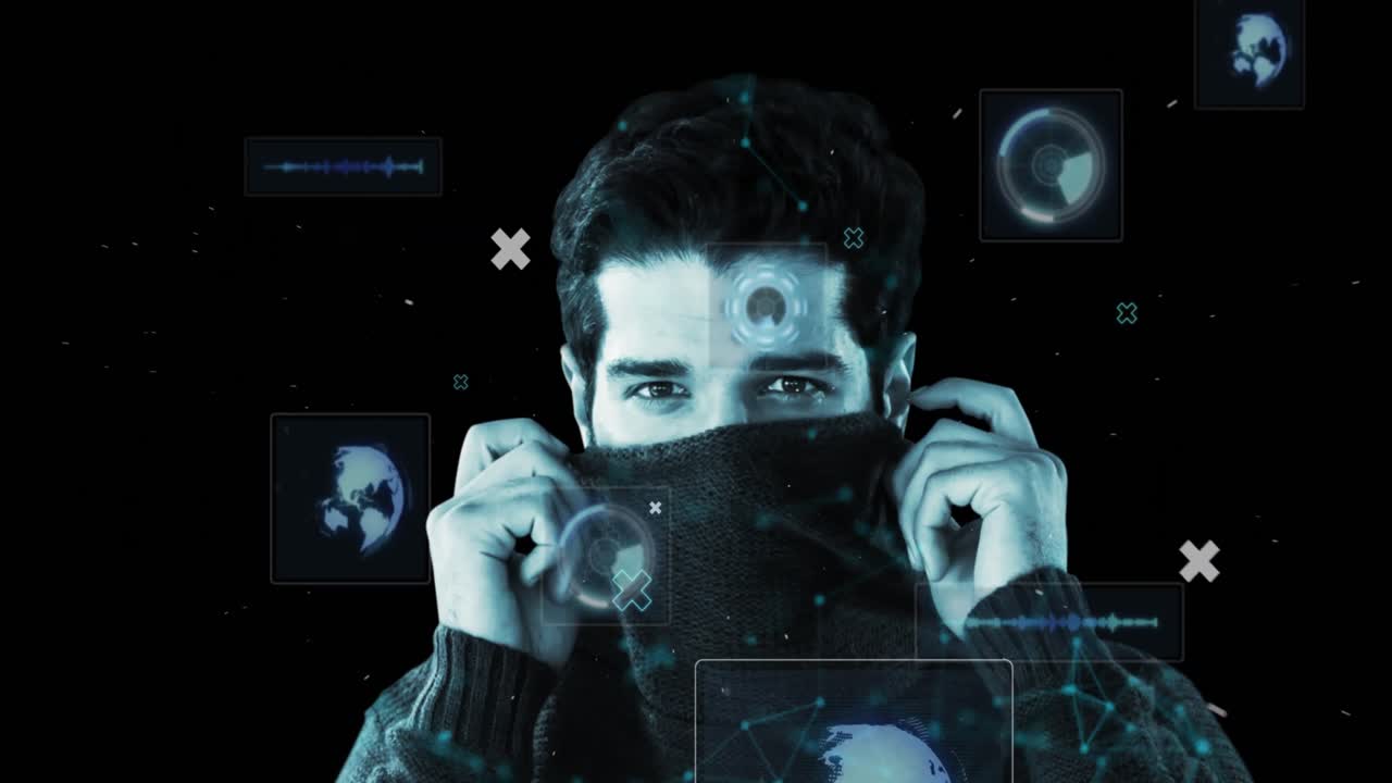 animación de escaneo de alcance y procesamiento de datos sobre el hombre mirando a la cámara