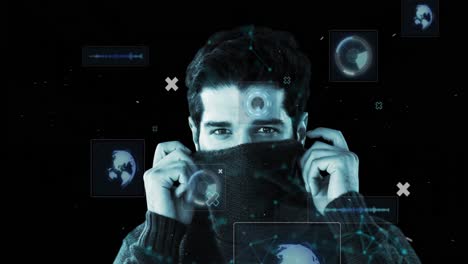 animación de escaneo de alcance y procesamiento de datos sobre el hombre mirando a la cámara