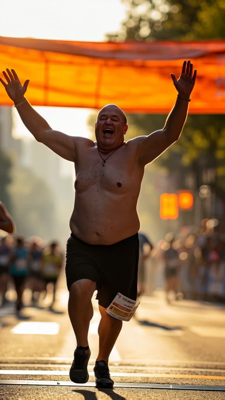 Man celebrates finishing a race with arms raised in triumph