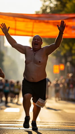 man celebrates finishing a race with arms raised in triumph