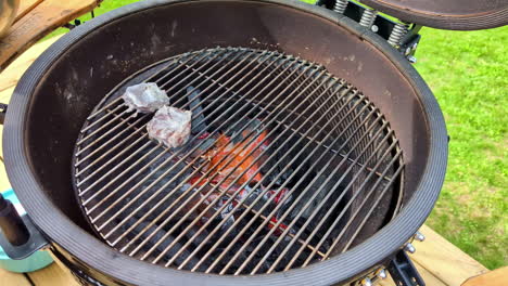 a shot of a bbq grill with hot coals and food being cooked