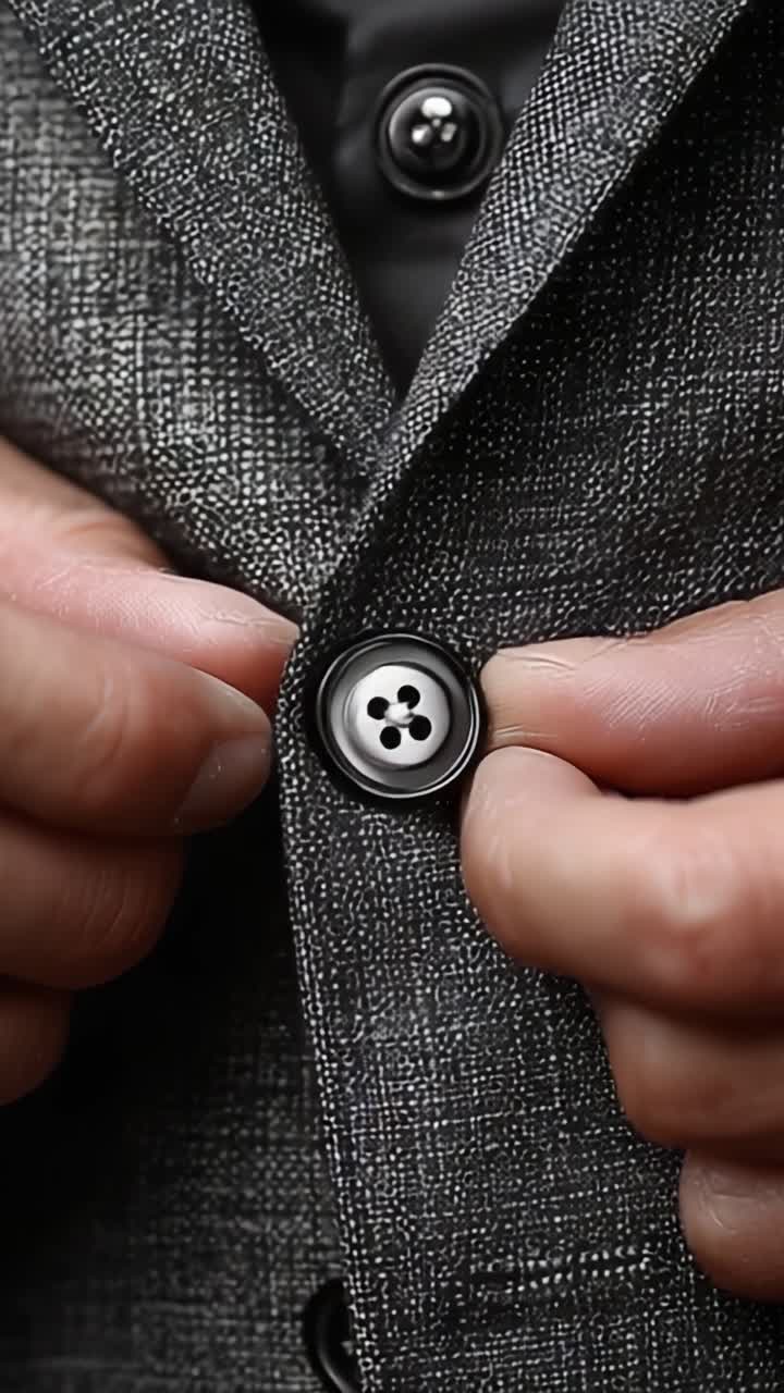 Close-up Detail Elegan dari Setelan Jas yang Dibuat Khusus: Mengancingkan Jaket dan Memamerkan Kain Halus serta Keahlian