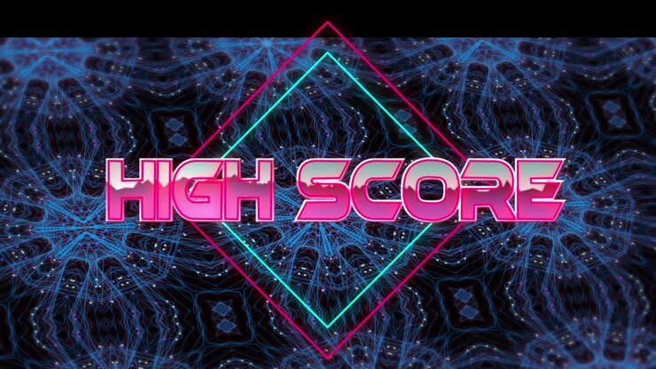 Animation of high score text over blue kaleidoscopic shape on dark background