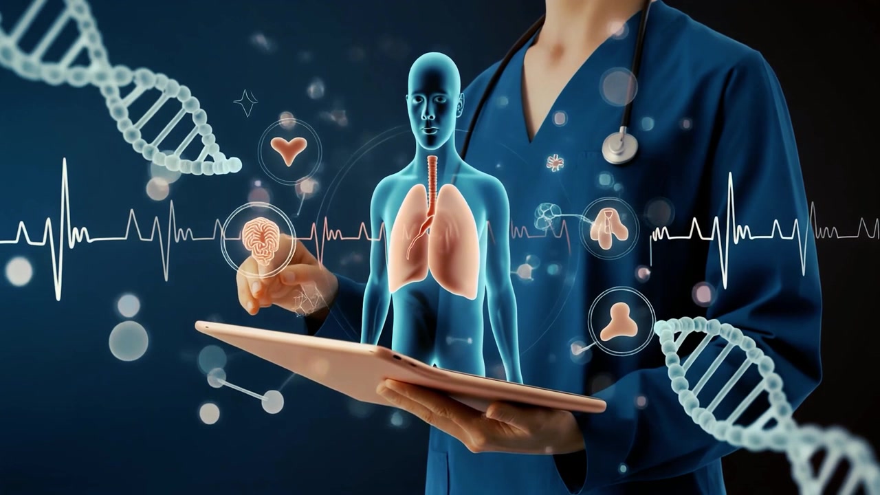 Arzt verwendet digitales Tablet mit holografischer menschlicher Anatomie-Schnittstelle
