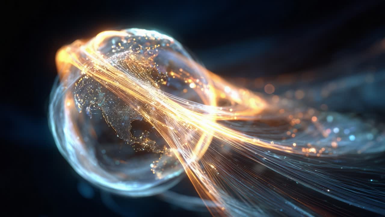 Digital representation of planet Earth surrounded by glowing orange and blue lines symbolizing global communication, technology networks, and data transmission through space on a dark background