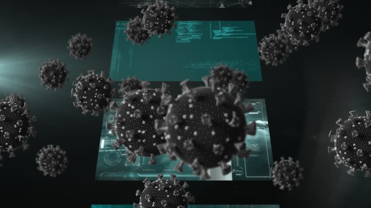 animación de células de covid 19 sobre pantallas con procesamiento de datos