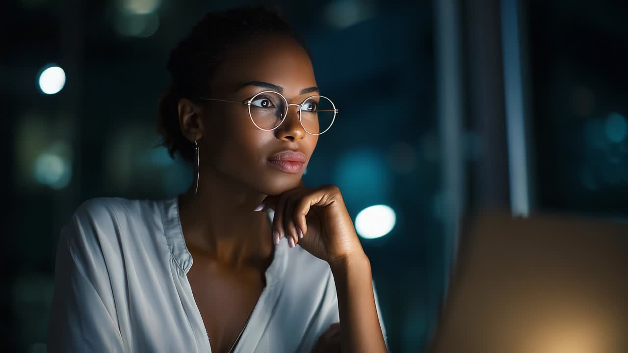 A thoughtful young woman in modern glasses gazes intently at her laptop, illuminated by soft night lighting, reflecting her deep concentration and engagement in a moment of creative inspiration or decision-making