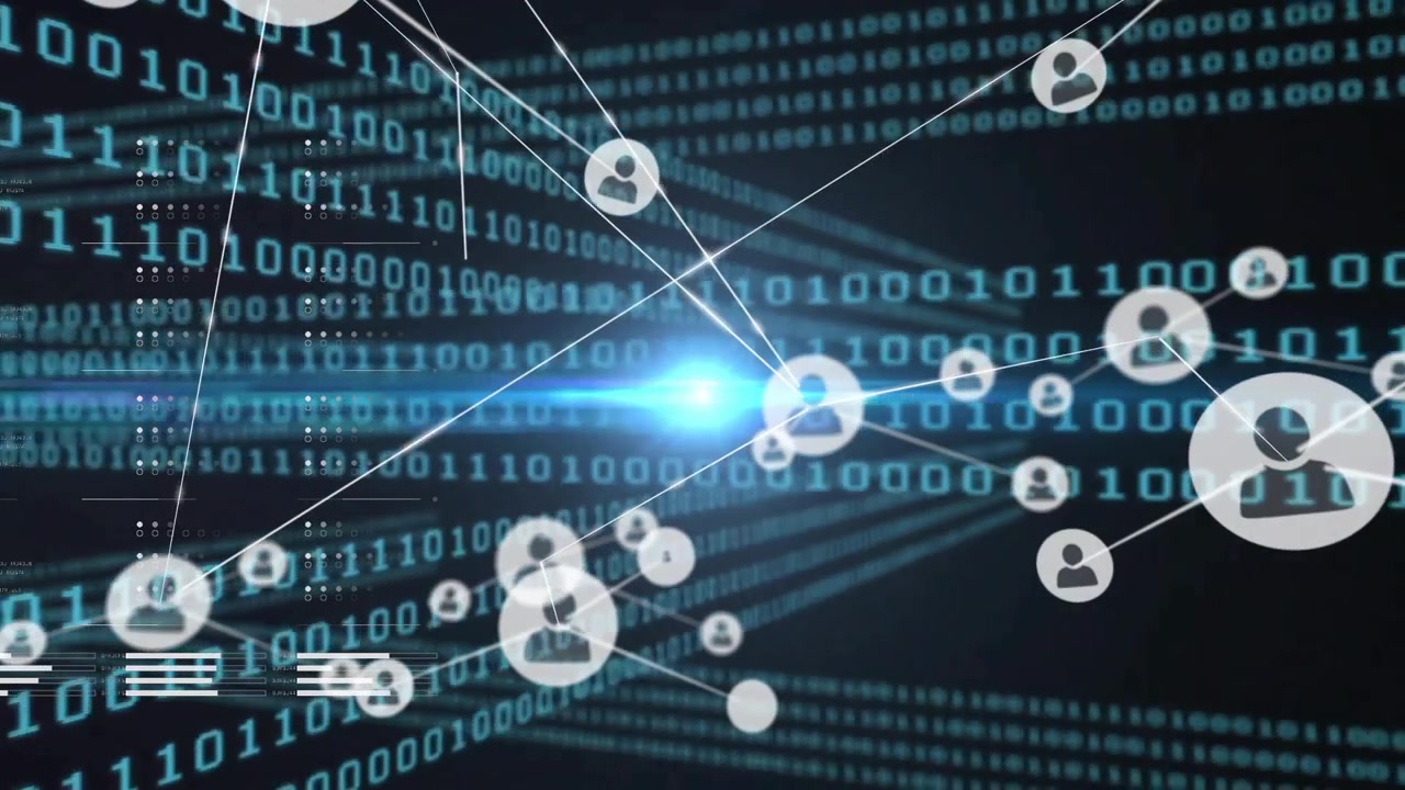 Animation af netværk af forbindelser med ikoner over databehandling på sort baggrund