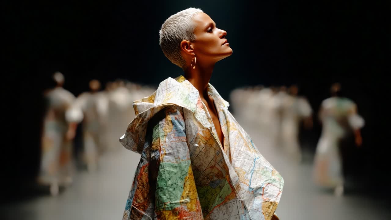 A Model in a Unique Map-Inspired Outfit Walks the Runway, Showcasing Contemporary Fashion with a Focus on Geographic Patterns and Artistic Expression in a Modern Setting