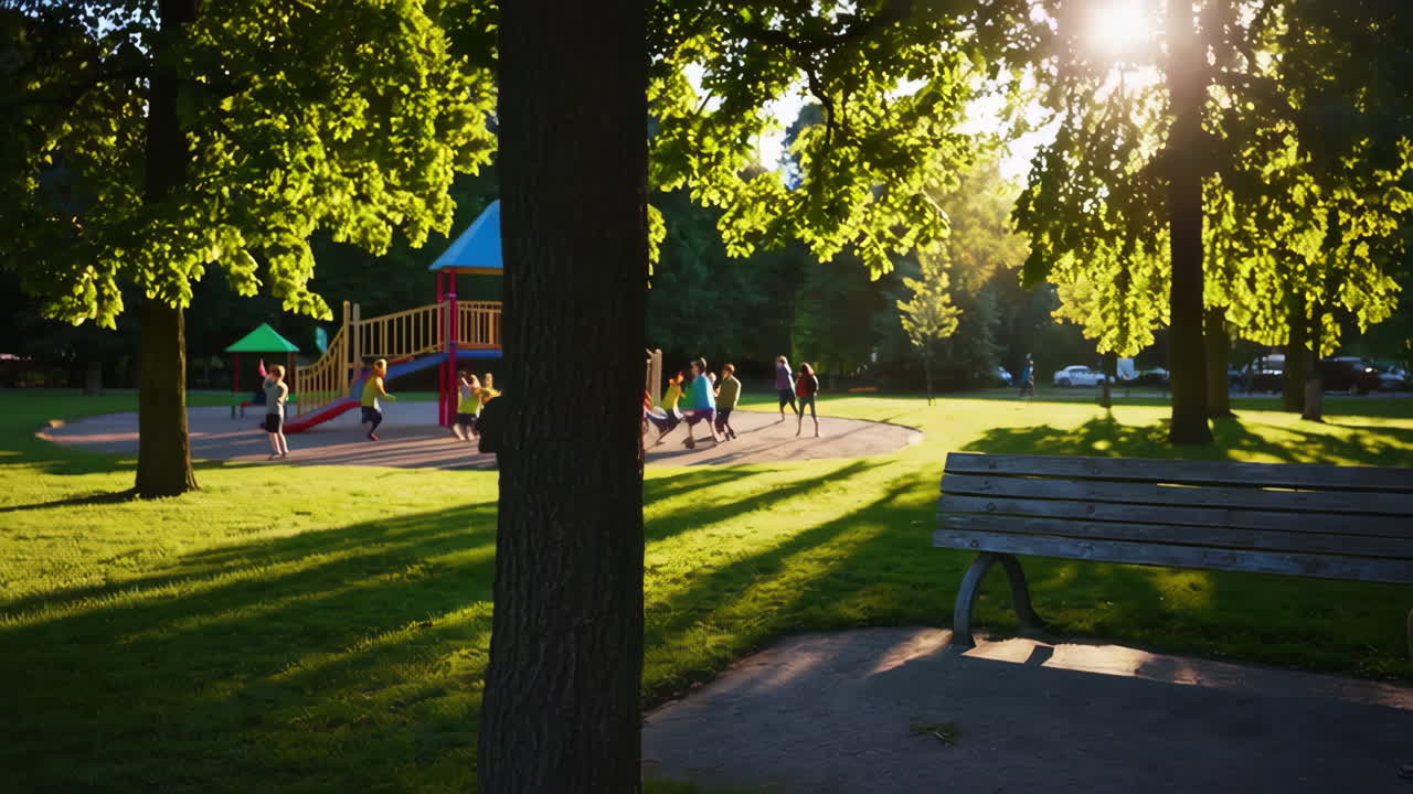 Children playing at a park at sunset