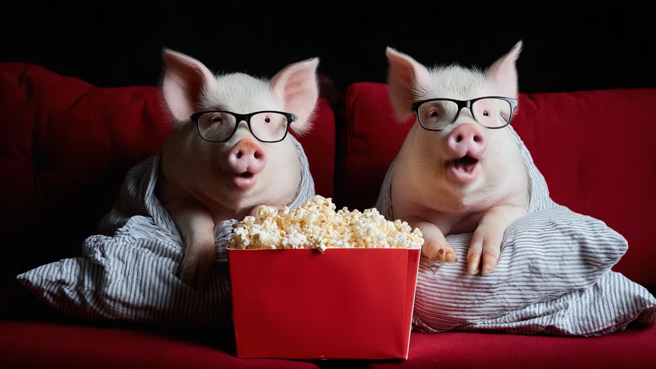 Two Adorable Pigs Enjoying Movie Night Together with Popcorn and Cute Glasses, Displaying Fun and Playfulness in a Cozy Setting