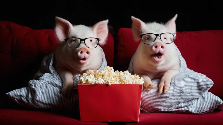 Due adorabili maialini si godono una serata al cinema insieme con popcorn e occhiali carini, mostrando divertimento e allegria in un ambiente accogliente