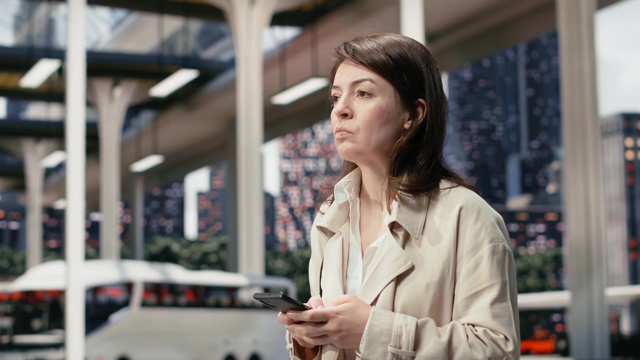 Close up of woman walking to bus terminal checking text messages on smartphone