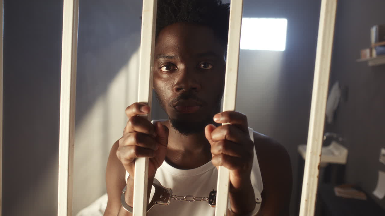 Portrait of Handcuffed Black Inmate Standing behind Prison Bars