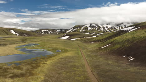 Camino-De-Tierra-En-Las-Tierras-Altas-Salvajes-De-Islandia-Vista-Aérea-Del-Valle-De-Landmannalaugar