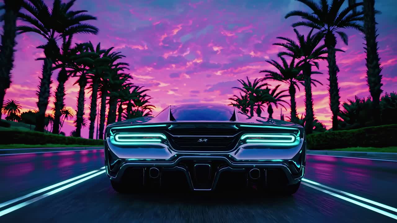 A futuristic car speeds down a palm-lined road at sunset, captured from a low rear angle