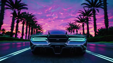 a futuristic car speeds down a palm-lined road at sunset, captured from a low rear angle