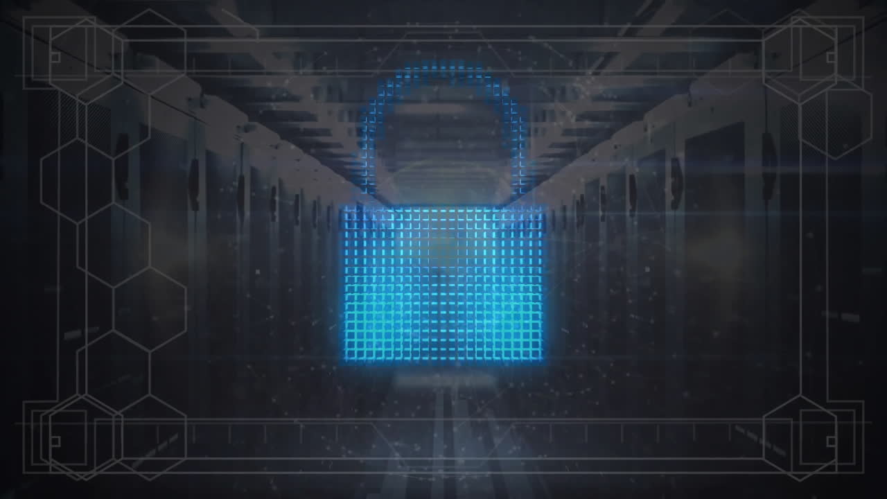 Animation of cloud and padlock icons with data processing over server room