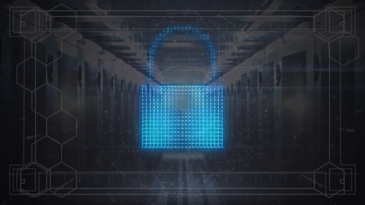 Animation of cloud and padlock icons with data processing over server room