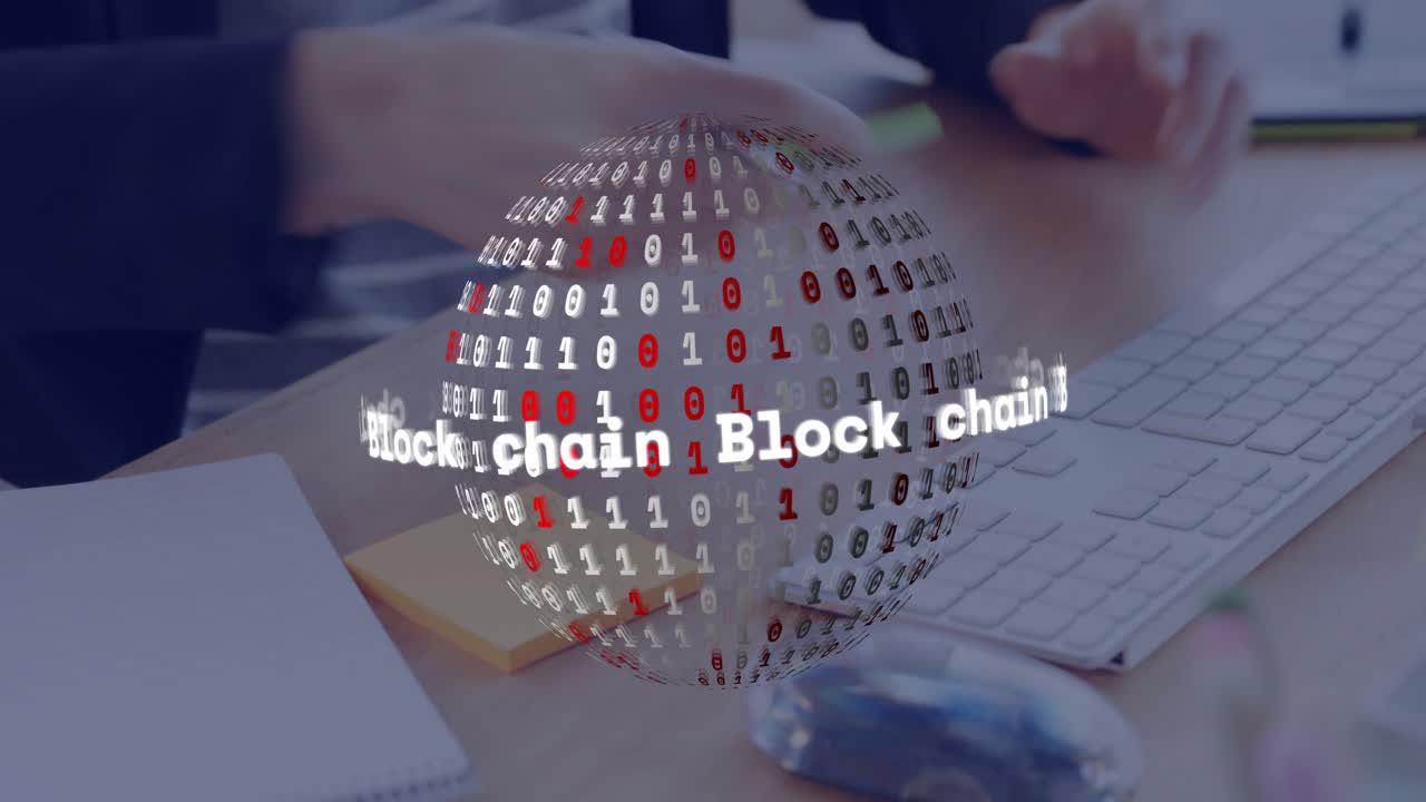 Mid-adult woman typing keyboard triggers semi-transparent blockchain sphere while noting research