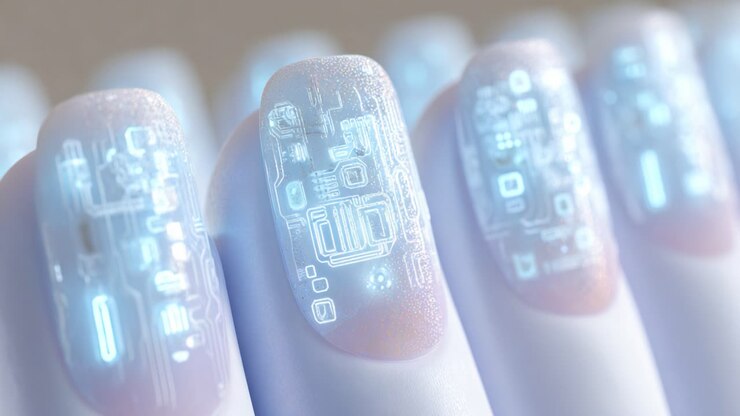 Arte futuristica: primo piano di decorazioni per unghie illuminate con motivi di circuiti high-tech che combinano eleganza e innovazione moderna nell'arte della decorazione unghie