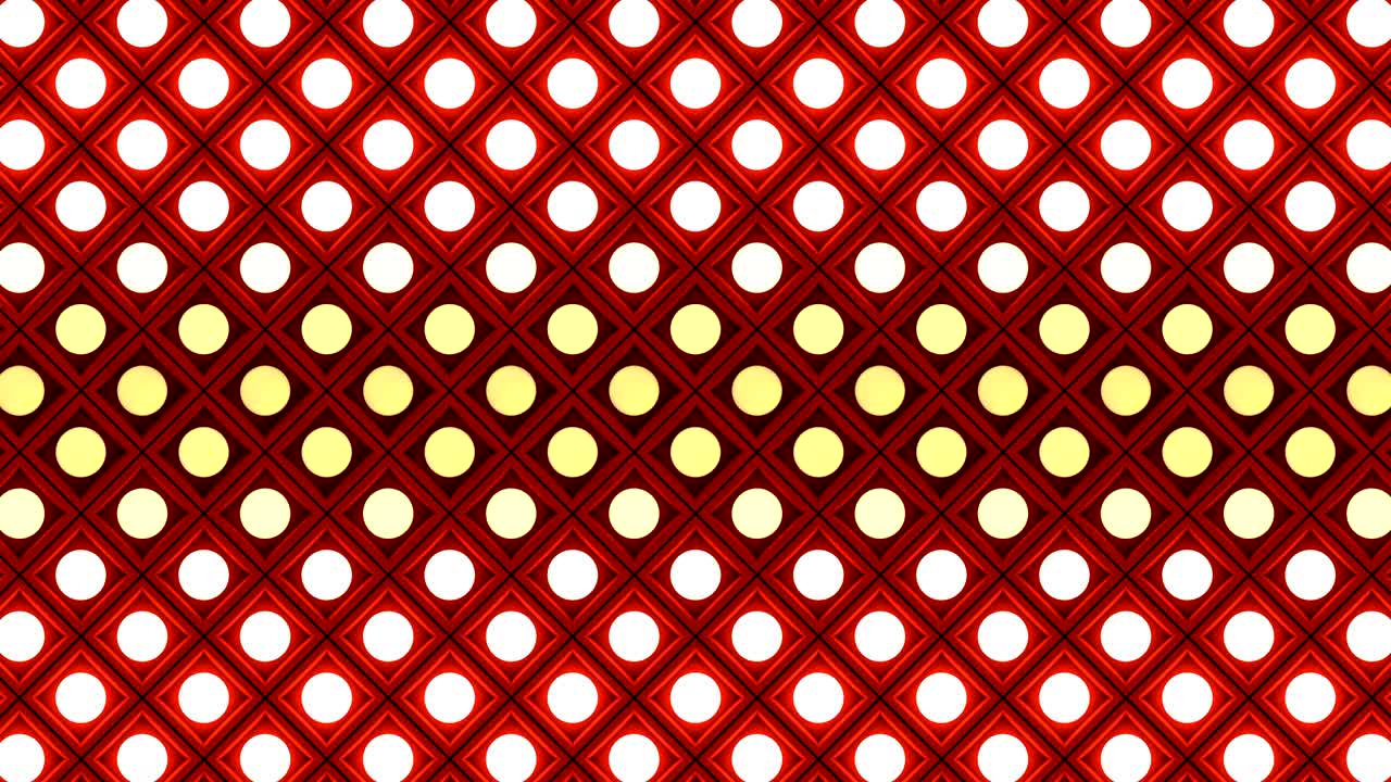 Luci lampeggianti, lampadine a muro con motivo a rombi, flash statico, sfondo rosso del palco, loop VJ