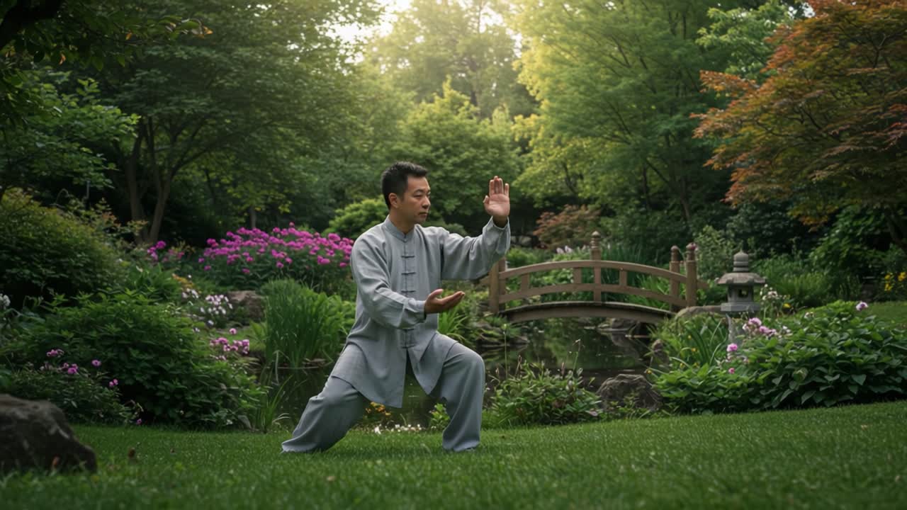 An Inspiring Display of Tai Chi Practice in a Serene Garden Setting Surrounded by Vibrant Flowers and Lush Greenery, Promoting Mindfulness and Fitness