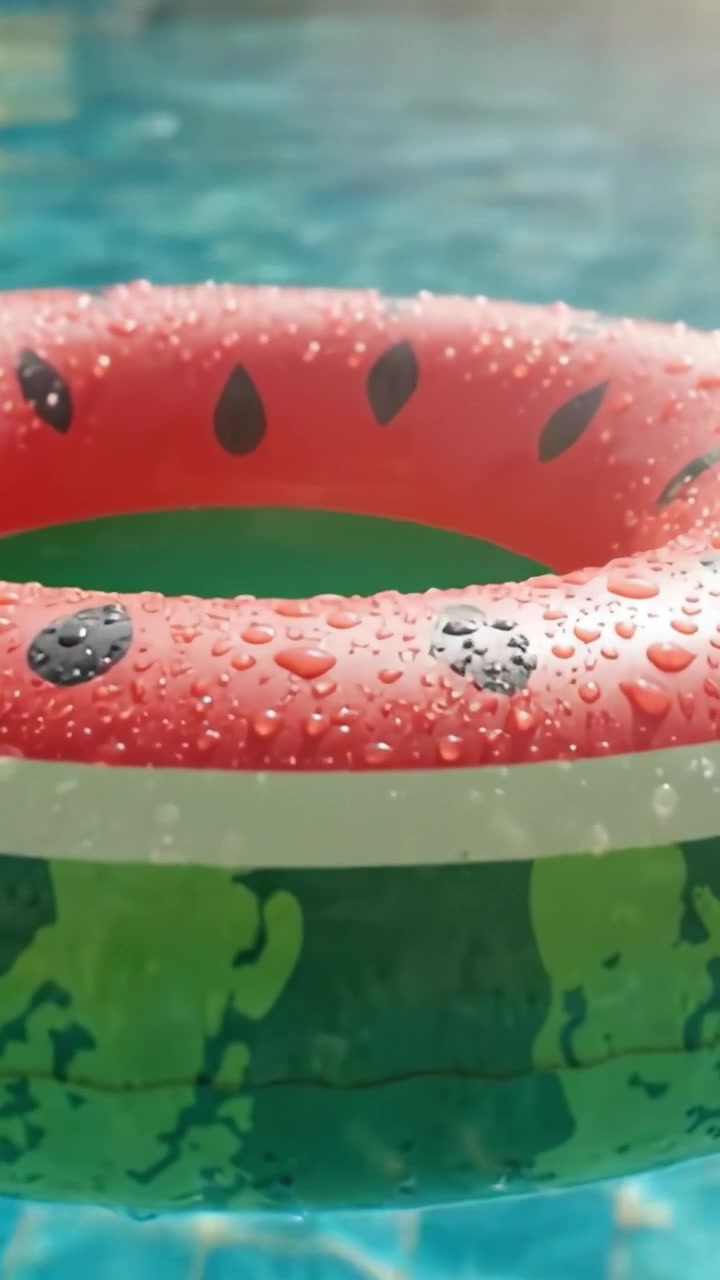 A Vibrant Watermelon Inflatable Ring Surrounded by Glimmering Water Drops in a Refreshing Pool Setting Under the Sun