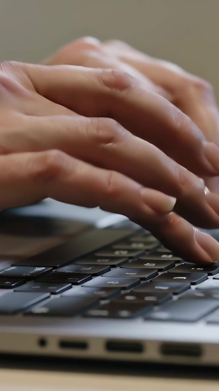 Vertical video: Hovering hands starting typing, entering data at desk using laptop keyboard, ports