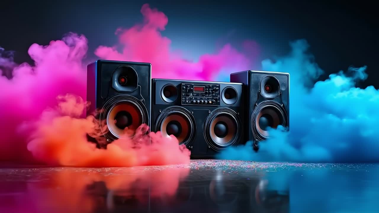 A group of speakers sitting on top of a table covered in smoke