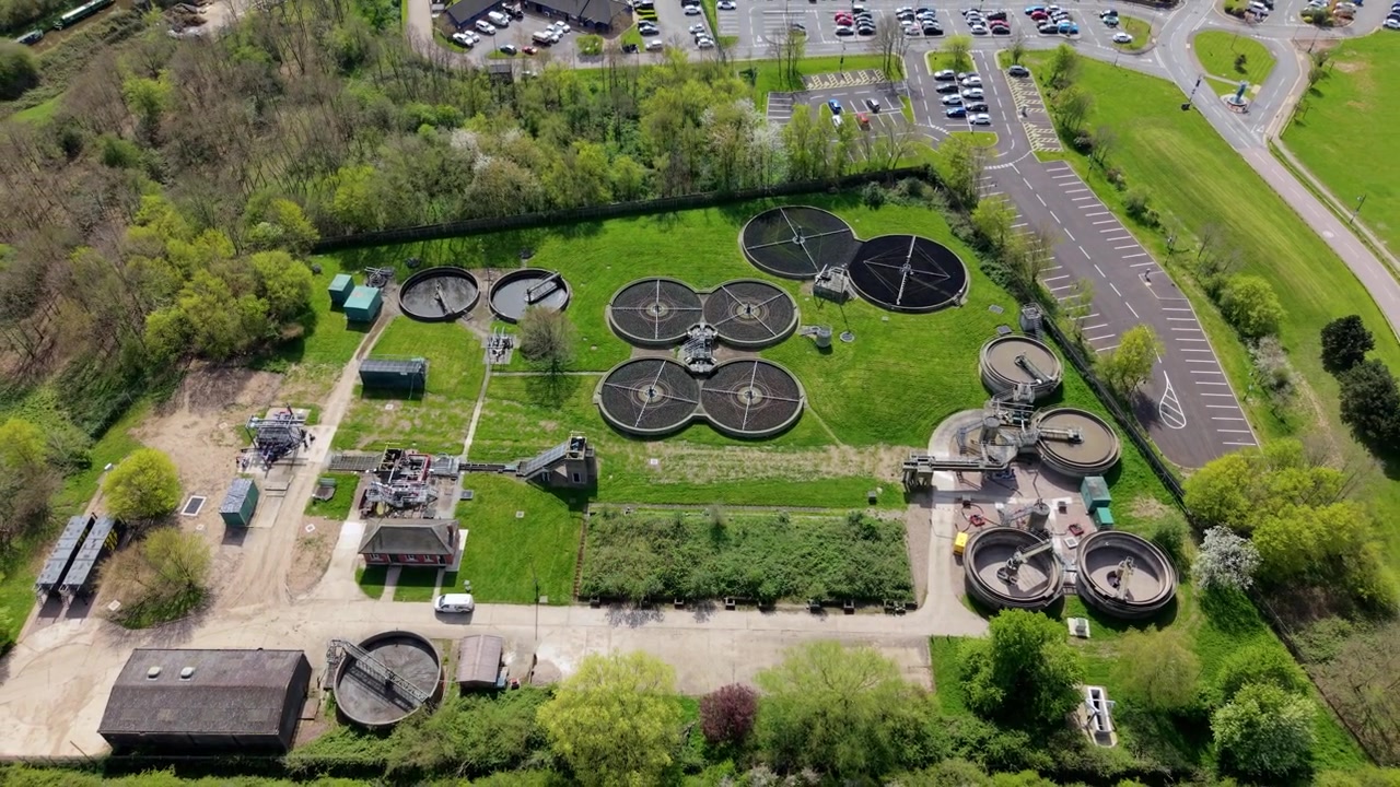 Aerial View of Small Wastewater Treatment Plant and Circular Filter Beds