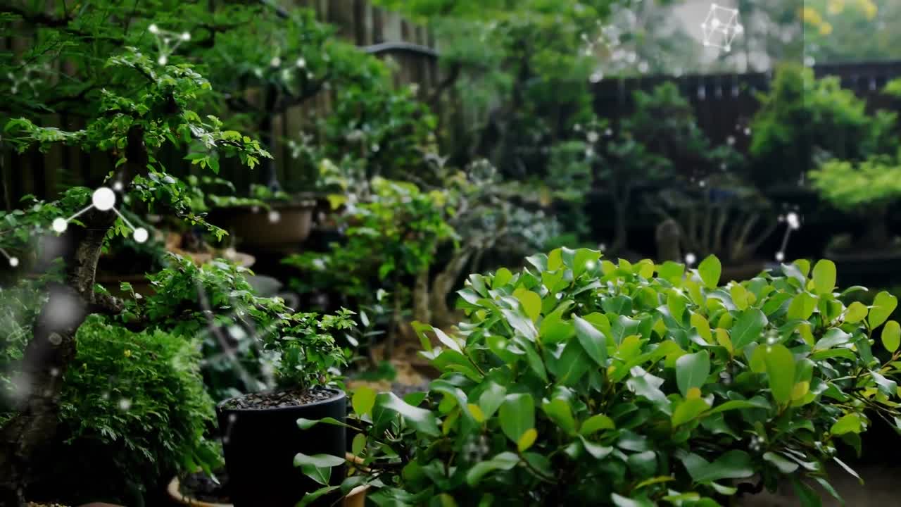 푸른 정원 위에 떠다니는 분자의 애니메이션