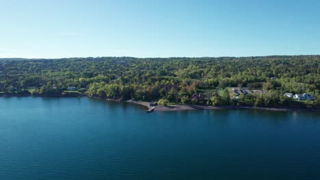 drone aerial view of lake superior shoreline in the early fall