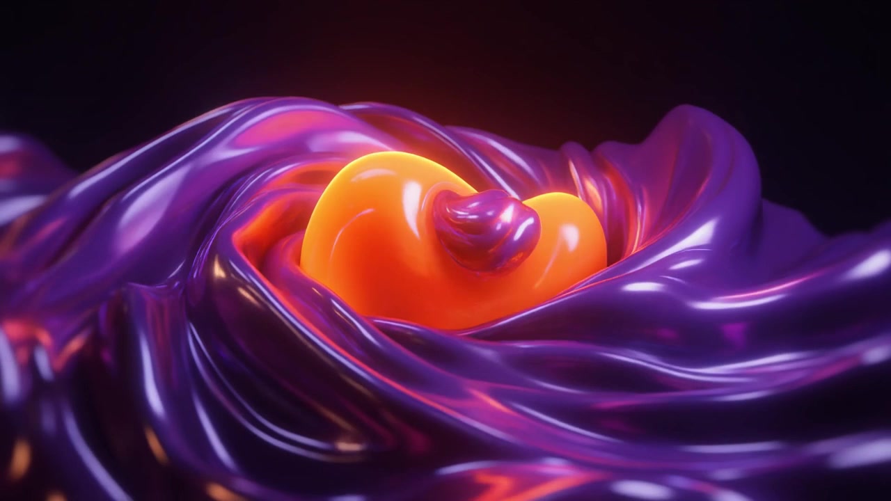 Abstract 3D Animation of Glowing Orange Sphere in Swirling Purple Liquid