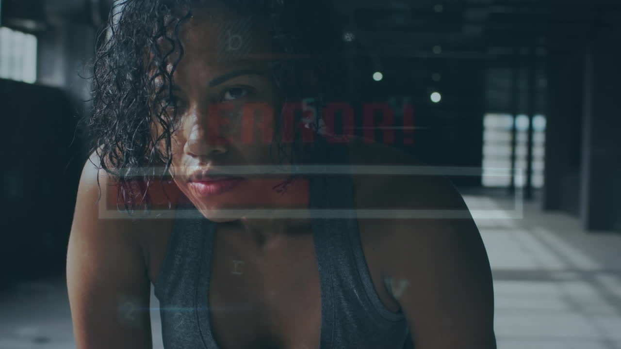 Animation of data processing over african american sportswoman at gym