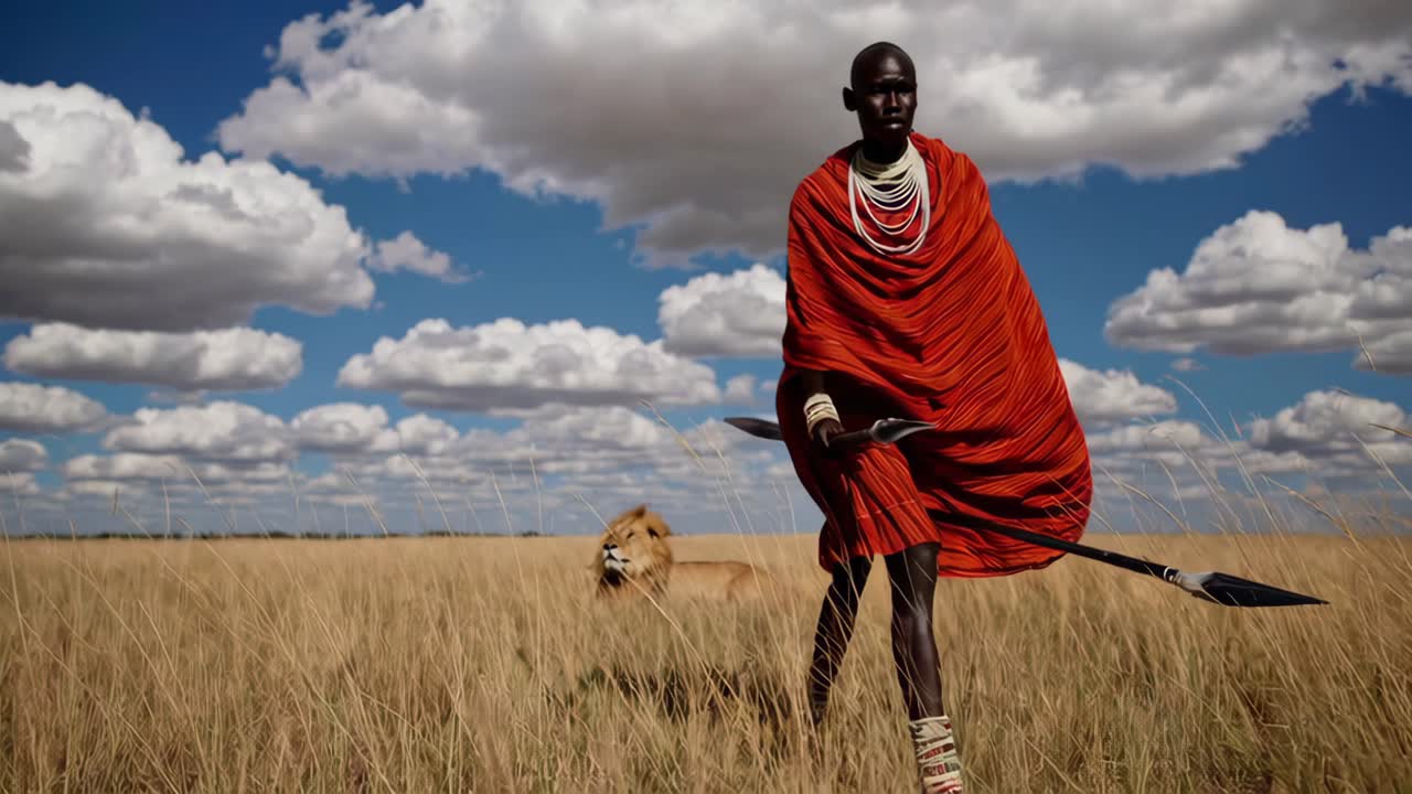 Low-angle video still of a Maasai warrior in traditional attire walking through a savannah